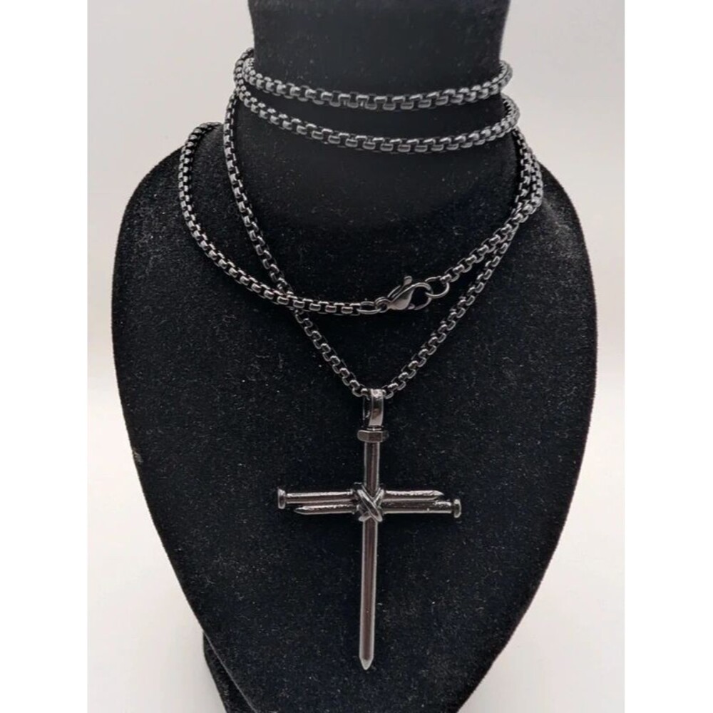 Men's Black Metal "Nails" Cross Pendant Necklace Chain, Christianity Religious J